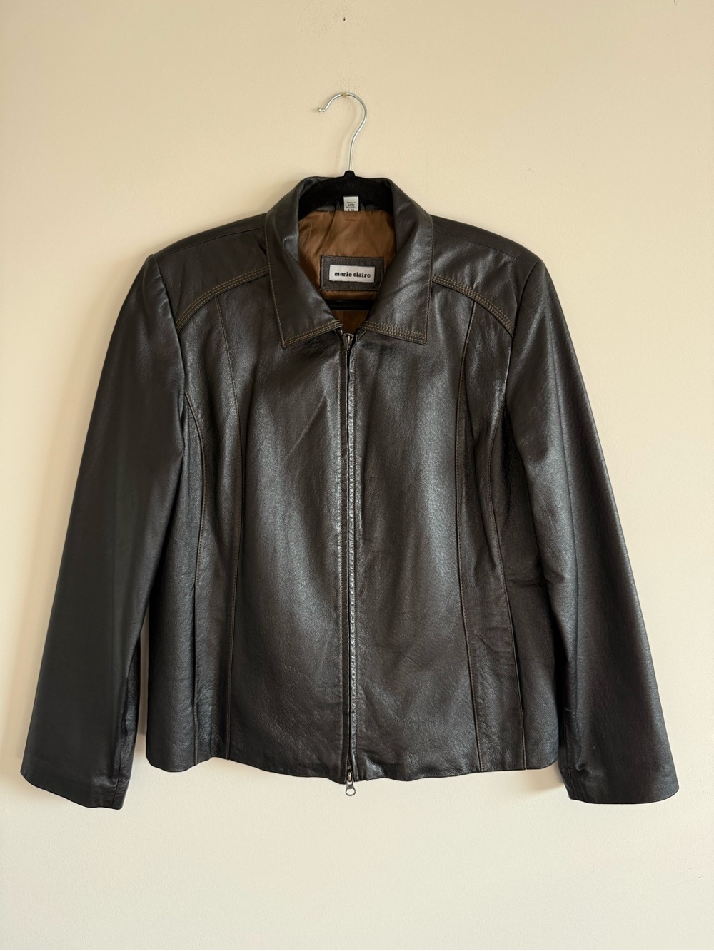 Vintage Marie Claire Black Leather Jacket 90s Y2K Contrast Stitch Large
